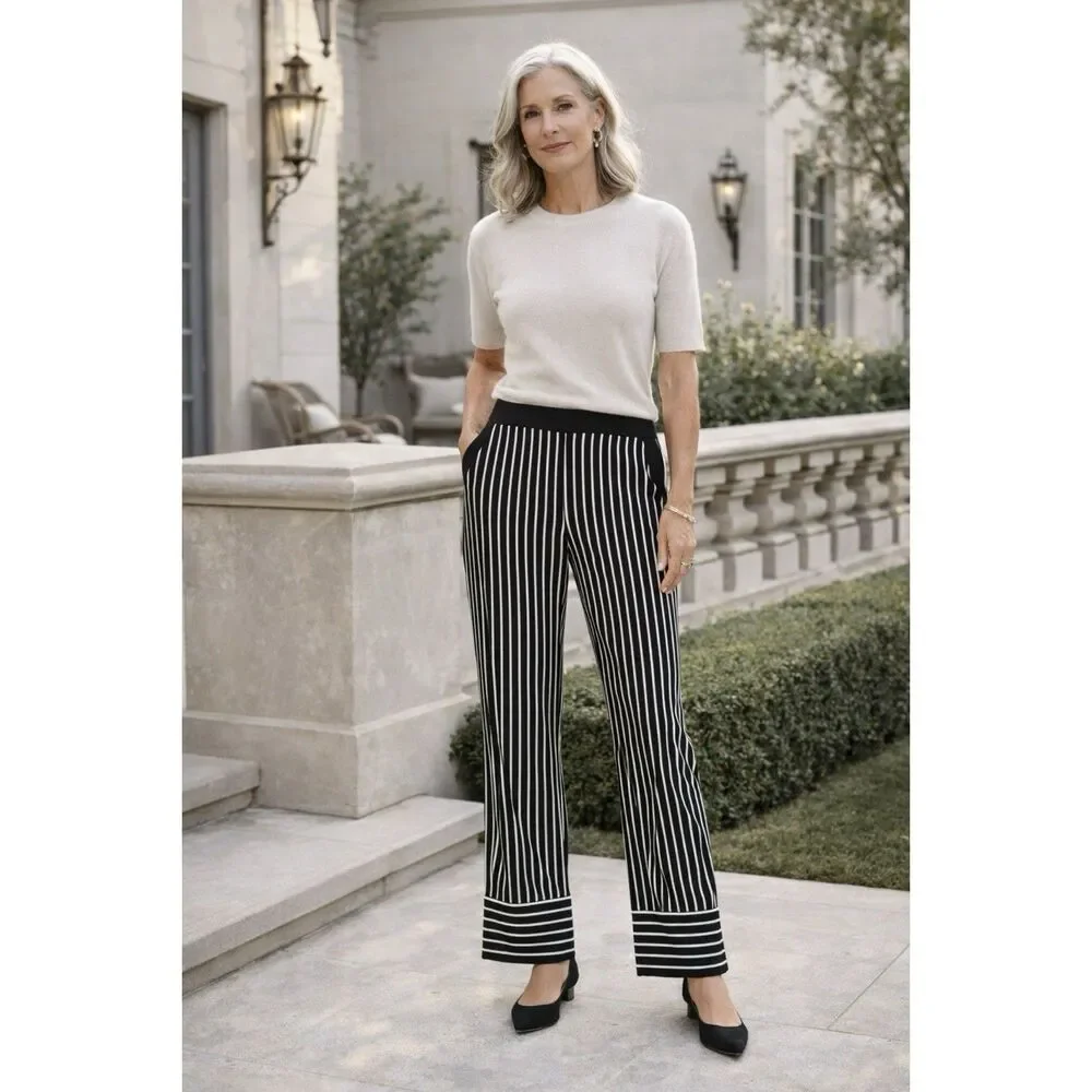 Joseph Ribkoff Size 4‎ Striped Wide Leg Pants Black White Pull On Pockets